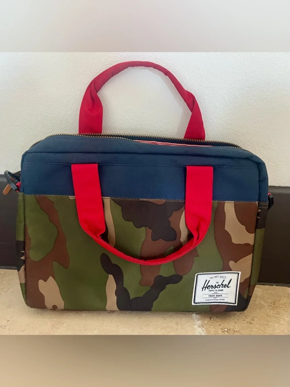 Herschel Supply Company Camo Laptop Briefcase with Navy Top and Red Handles